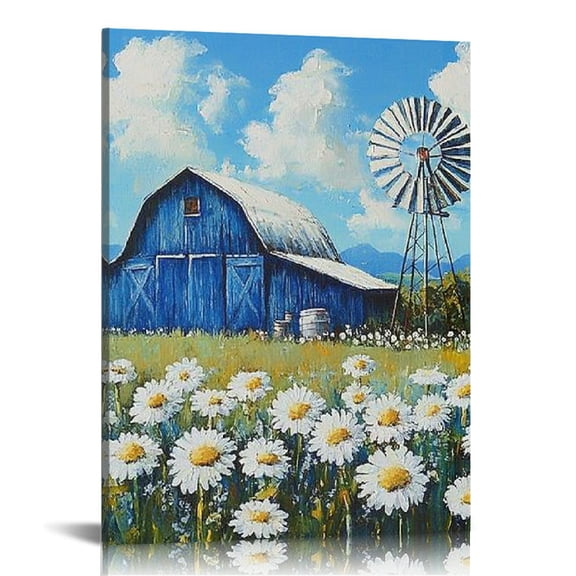 GooTPa Blue Barn Daisy Abstract Canvas Wall Art, Canvas Prints Wall Art for Living Room Bathroom Bedroom Office, Art Print Painting for Home Decorations - 12x16in