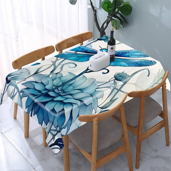 GooTPa Blue Dragonflies And Flowers Rectangle Dining Tablecloth, Polyester Tablecloths Rectangle Dining Tablecloth, Ideal for Kitchen Picnic Party