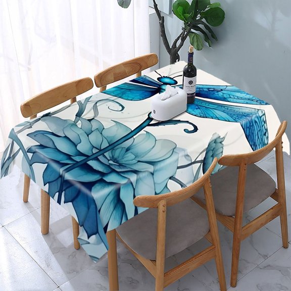 GooTPa Blue Dragonflies And Flowers Rectangle Dining Tablecloth, Polyester Tablecloths Rectangle Dining Tablecloth, Ideal for Kitchen Picnic Party