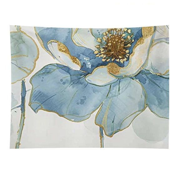GooTPa Blue Flower Gold Accents Watercolor Polyester Wall Tapestry Anti Wrinkle Art Hanging Decor for Bedroom Living Room Home Holiday Decoration Gift
