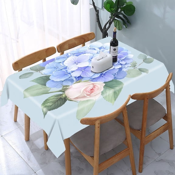 GooTPa Blue Hydrangea And Pink Rose Bouquet Rectangle Dining Tablecloth, Polyester Tablecloths Rectangle Dining Tablecloth, Ideal for Kitchen Picnic Party