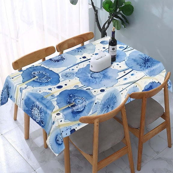 GooTPa Blue Poppies Watercolor Splatter Rectangle Dining Tablecloth, Polyester Tablecloths Rectangle Dining Tablecloth, Ideal for Kitchen Picnic Party
