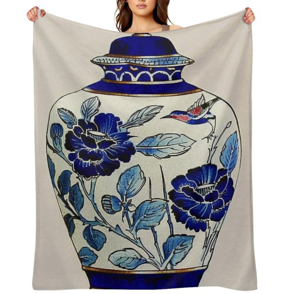 GooTPa Blue Porcelain Bird Vase Soft Flannel Throw Blanket, Lightweight Fuzzy Warm Cozy Blanket for Couch Bed Home Travel Decor