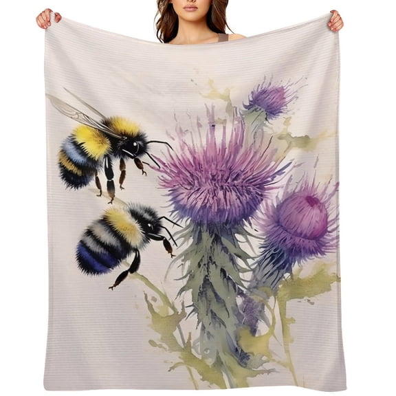 GooTPa Bumblebee Thistle Wood Soft Flannel Throw Blanket, Lightweight Fuzzy Warm Cozy Blanket for Couch Bed Home Travel Decor