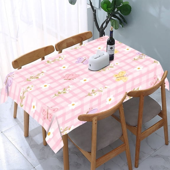 GooTPa Butterfly Daisy Pink Gingham Pattern Rectangle Dining Tablecloth, Polyester Tablecloths Rectangle Dining Tablecloth, Ideal for Kitchen Picnic Party