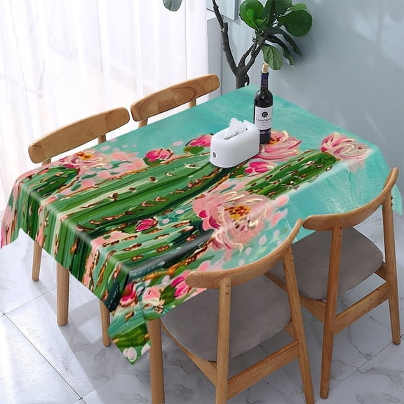 GooTPa Cactus Pink Flowers Sky Painting Rectangle Dining Tablecloth, Polyester Tablecloths Rectangle Dining Tablecloth, Ideal for Kitchen Picnic Party