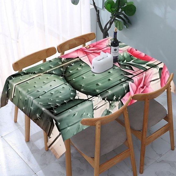 GooTPa Cactus Pink Flowers Wooden Rectangle Dining Tablecloth, Polyester Tablecloths Rectangle Dining Tablecloth, Ideal for Kitchen Picnic Party