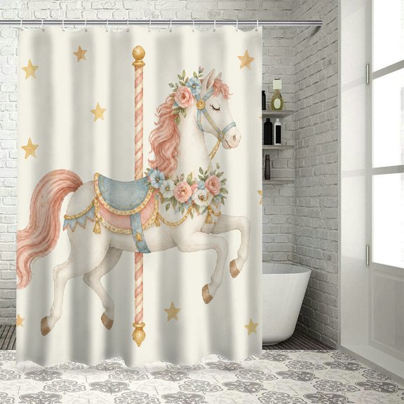 GooTPa Carousel Horse With Flowers And Stars Polyester Shower Curtain with Hooks for Chic Elegant Waterproof Shower Curtain Home Bathtub Bathroom Decor Washable