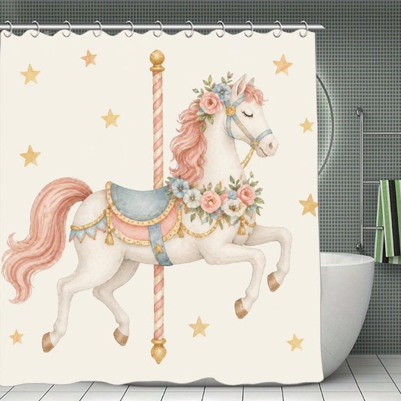 GooTPa Carousel Horse With Flowers And Stars Print Shower Curtain, Cloth Fabric Waterproof Polyester Bathroom Home Decor Set with Hooks 70.870.8Inch