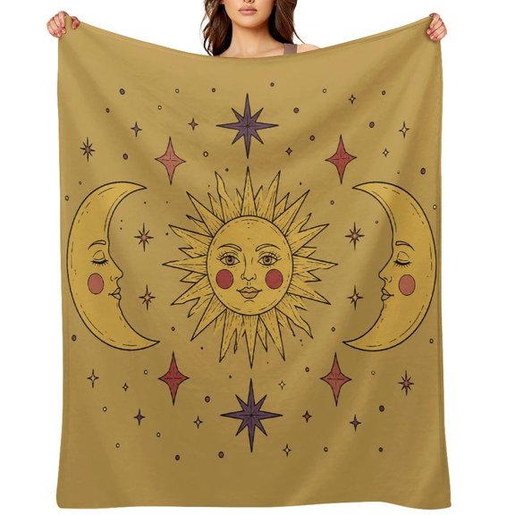 GooTPa Celestial Sun Moon Face Stars Art Soft Flannel Throw Blanket, Lightweight Fuzzy Warm Cozy Blanket for Couch Bed Home Travel Decor