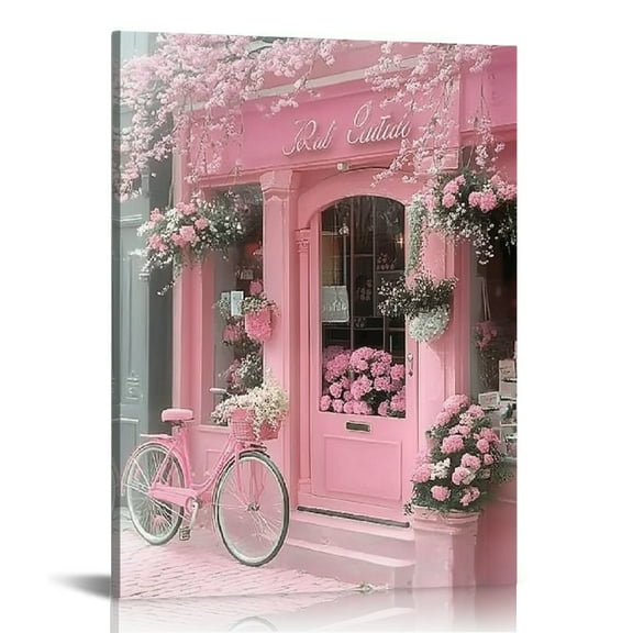 GooTPa Charming Pink Flower Shop Scene with Vintage Bicycle Canvas Wall Art, Canvas Prints Wall Art for Living Room Bathroom Bedroom Office, Art Print Painting for Home Decorations - 12x16in