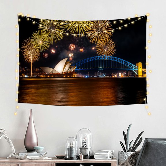 GooTPa City Bridge Wall Art Tapestry, Night Fireworks ShowHanging Tapestry for Bedroom, Living Room, Dorm, or Apartment Decor - 60x40in