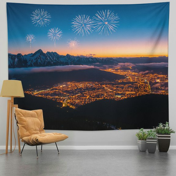 GooTPa City Fireworks Beneath the Snowy Mountains Tapestry, Winter Festival Landscape Wall Art for Bedroom, Living Room, Dorm, or Apartment Decor - 60x50in