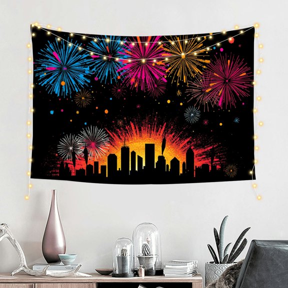 GooTPa City Silhouette Dazzling Fireworks Celebration Theme Tapestry, Festival Illustration Wall Art for Bedroom, Living Room, Dorm, or Apartment Decor - 60x40in