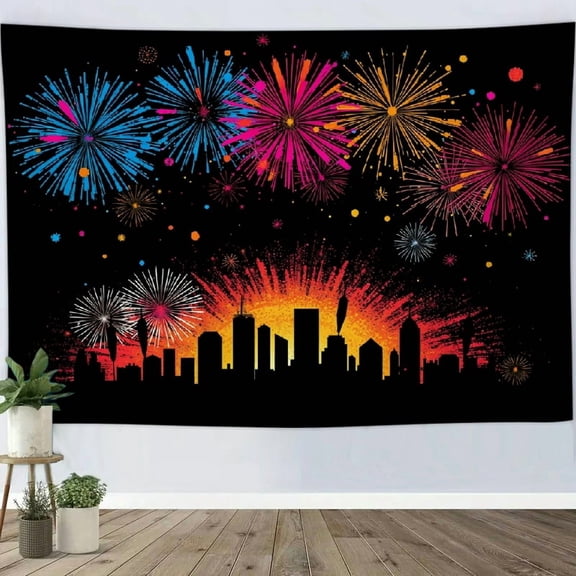 GooTPa City Silhouette Dazzling Fireworks Celebration Theme Tapestry, Festival Illustration Wall Art for Bedroom, Living Room, Dorm, or Apartment Decor - 80x60in