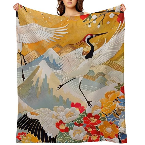 GooTPa Cranes Mountain Flowers Japanese Soft Flannel Throw Blanket, Lightweight Fuzzy Warm Cozy Blanket for Couch Bed Home Travel Decor