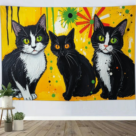 GooTPa Cute Little Black Cats Tapestry, Watercolor Adorable Feline Wall Art for Bedroom, Living Room, Dorm, or Apartment Decor - 90x60in