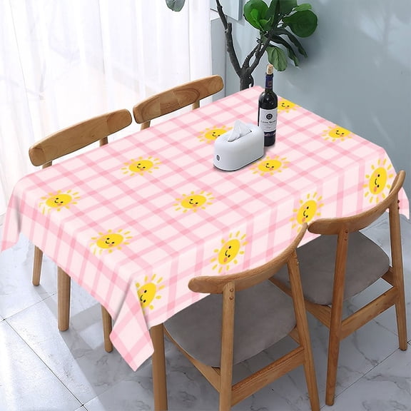 GooTPa Cute Sun Pink Gingham Grid Rectangle Dining Tablecloth, Polyester Tablecloths Rectangle Dining Tablecloth, Ideal for Kitchen Picnic Party