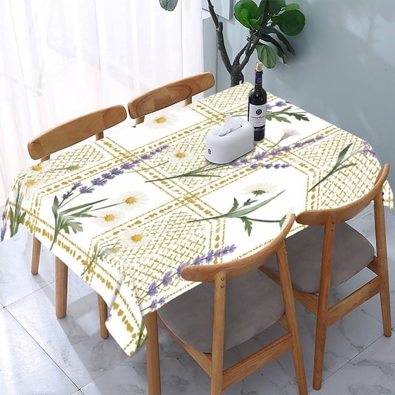 GooTPa Daisy Lavender Gold Grid Rectangle Dining Tablecloth, Polyester Tablecloths Rectangle Dining Tablecloth, Ideal for Kitchen Picnic Party