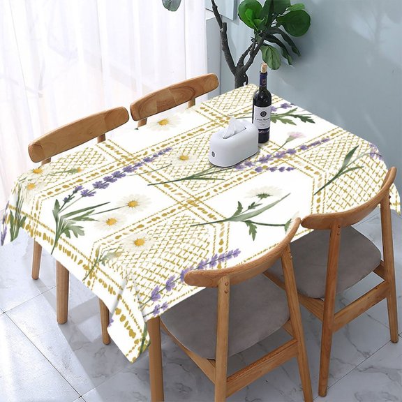 GooTPa Daisy Lavender Gold Grid Rectangle Dining Tablecloth, Polyester Tablecloths Rectangle Dining Tablecloth, Ideal for Kitchen Picnic Party