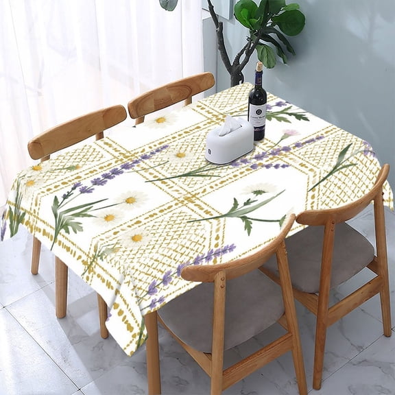 GooTPa Daisy Lavender Gold Grid Rectangle Dining Tablecloth, Polyester Tablecloths Rectangle Dining Tablecloth, Ideal for Kitchen Picnic Party