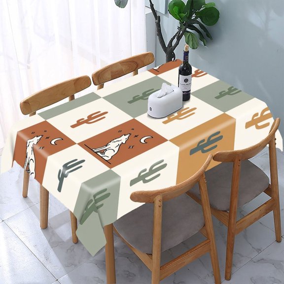GooTPa Desert Wolf Cactus Grid Rectangle Dining Tablecloth, Polyester Tablecloths Rectangle Dining Tablecloth, Ideal for Kitchen Picnic Party