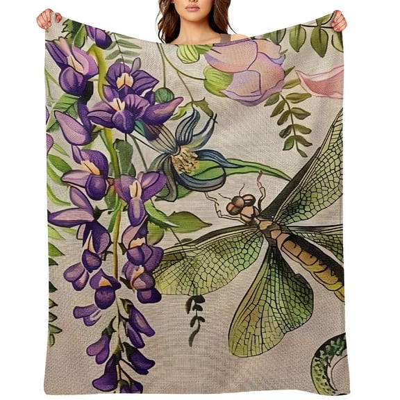 GooTPa Dragon Iris Dragonfly Floral Soft Flannel Throw Blanket, Lightweight Fuzzy Warm Cozy Blanket for Couch Bed Home Travel Decor