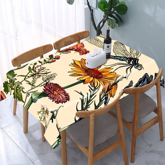 GooTPa Dragonflies Colorful Botanical Flowers Rectangle Dining Tablecloth, Polyester Tablecloths Rectangle Dining Tablecloth, Ideal for Kitchen Picnic Party