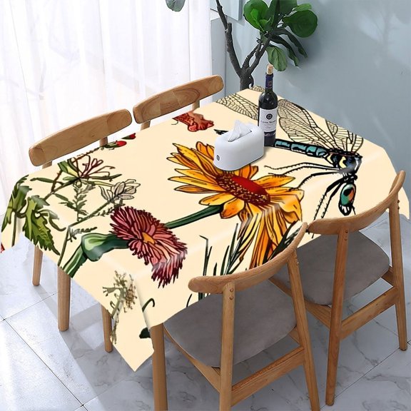 GooTPa Dragonflies Colorful Botanical Flowers Rectangle Dining Tablecloth, Polyester Tablecloths Rectangle Dining Tablecloth, Ideal for Kitchen Picnic Party