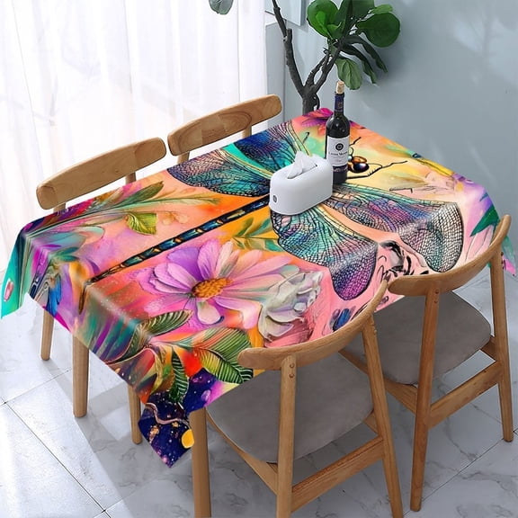 GooTPa Dragonfly Flowers Abstract Rainbow Rectangle Dining Tablecloth, Polyester Tablecloths Rectangle Dining Tablecloth, Ideal for Kitchen Picnic Party
