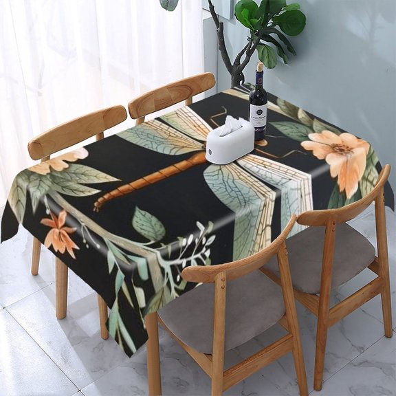 GooTPa Dragonfly Flowers Leaves Dark Rectangle Dining Tablecloth, Polyester Tablecloths Rectangle Dining Tablecloth, Ideal for Kitchen Picnic Party