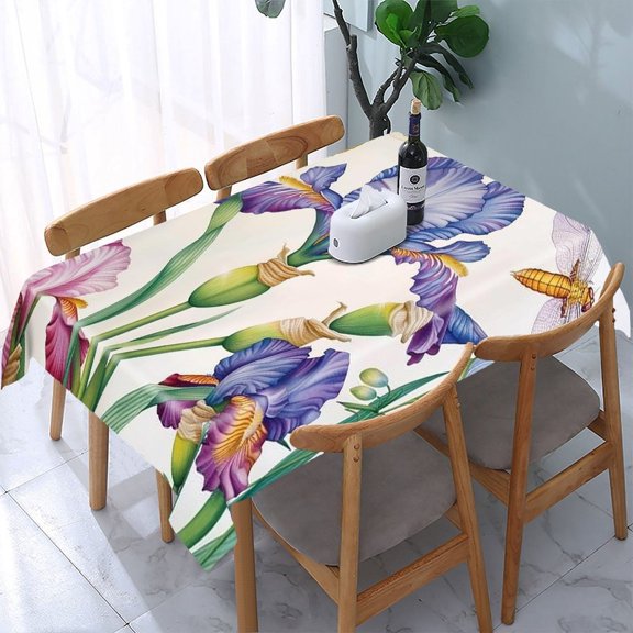 GooTPa Dragonfly Irises Flowers Botanical Rectangle Dining Tablecloth, Polyester Tablecloths Rectangle Dining Tablecloth, Ideal for Kitchen Picnic Party