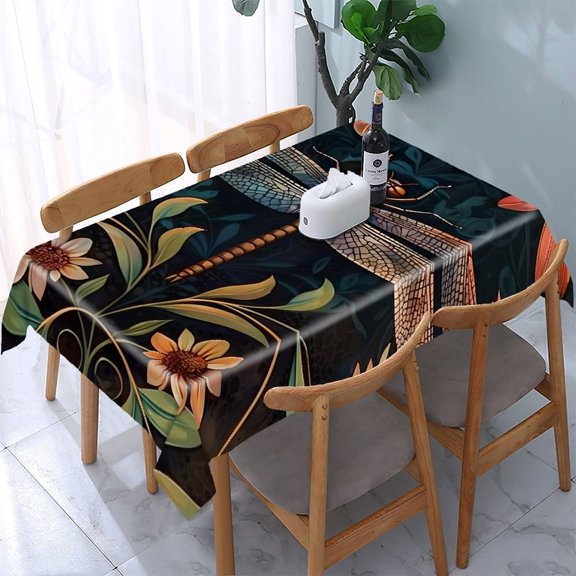 GooTPa Dragonfly Symmetrical Flowers Leaves Rectangle Dining Tablecloth, Polyester Tablecloths Rectangle Dining Tablecloth, Ideal for Kitchen Picnic Party