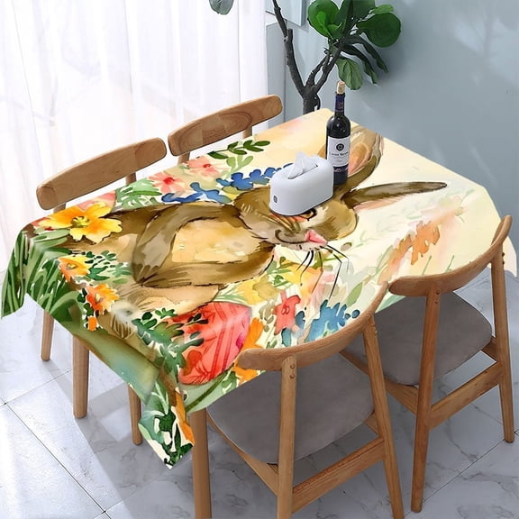 GooTPa Easter Bunny Eggs Wildflowers Rectangle Dining Tablecloth, Polyester Tablecloths Rectangle Dining Tablecloth, Ideal for Kitchen Picnic Party