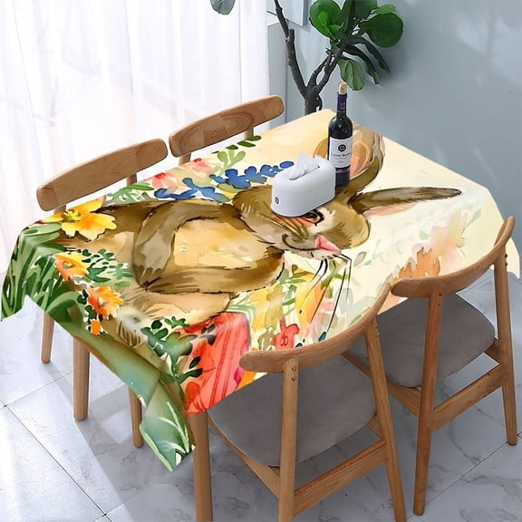 GooTPa Easter Bunny Eggs Wildflowers Rectangle Dining Tablecloth, Polyester Tablecloths Rectangle Dining Tablecloth, Ideal for Kitchen Picnic Party