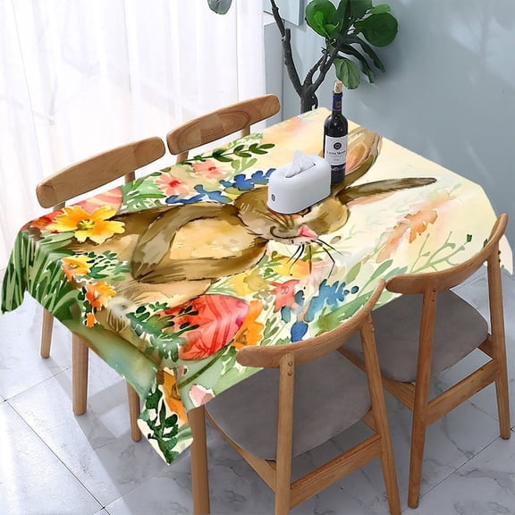 GooTPa Easter Bunny Eggs Wildflowers Rectangle Dining Tablecloth, Polyester Tablecloths Rectangle Dining Tablecloth, Ideal for Kitchen Picnic Party