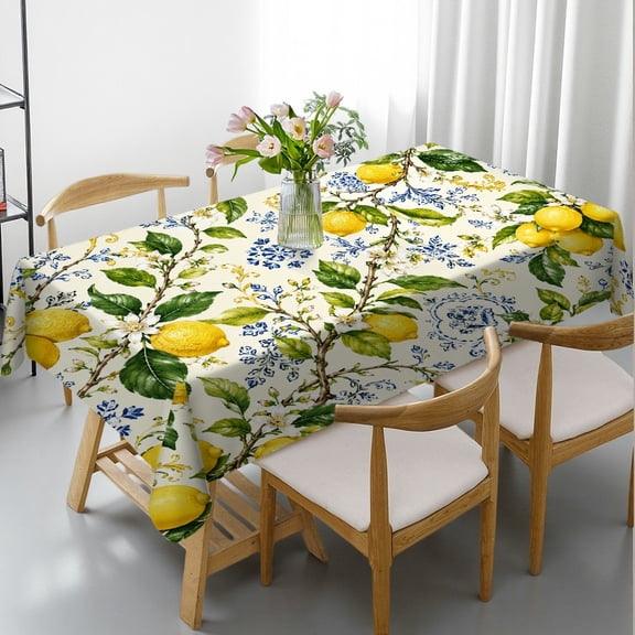 GooTPa Elegant Lemon Branches Blue White Floral Rectangle Tablecloth, Festive Table Setting - Polyester Tablecloths Rectangle Tablecloth, Ideal for Kitchen Picnic Party