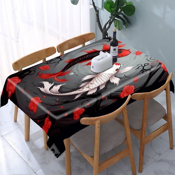 GooTPa Fish Pond Red Flowers Koi Rectangle Dining Tablecloth, Polyester Tablecloths Rectangle Dining Tablecloth, Ideal for Kitchen Picnic Party