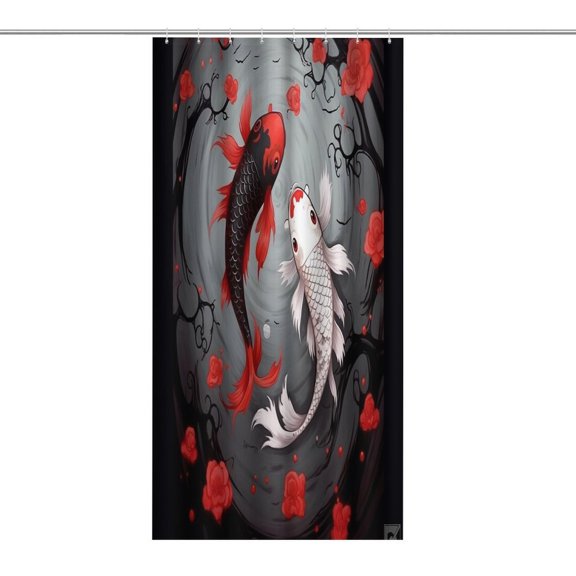 GooTPa Fish Pond Red Flowers Koi Shower Curtain ,Watercolor Flowers Bathroom Shower Curtain, Waterproof Fabric Shower Curtain with Hooks