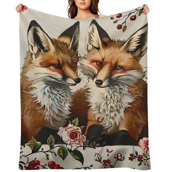 GooTPa Foxes Roses Romantic Soft Flannel Throw Blanket, Lightweight Fuzzy Warm Cozy Blanket for Couch Bed Home Travel Decor