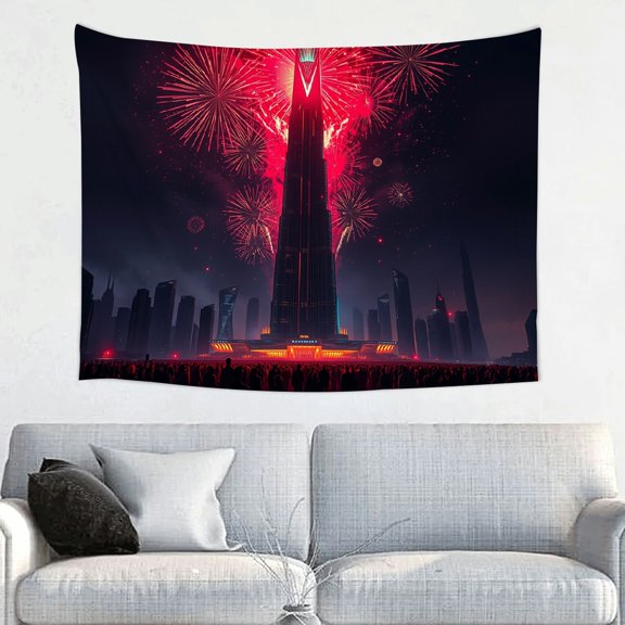 GooTPa Futuristic Cyber City Theme Tapestry, Skyscrapers Fireworks Celebration Wall Art for Bedroom, Living Room, Dorm, or Apartment Decor - 40x30in