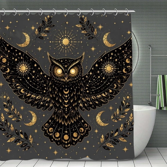 GooTPa Golden Celestial Owl Print Shower Curtain, Cloth Fabric Waterproof Polyester Bathroom Home Decor Set with Hooks 70.8×70.8Inch