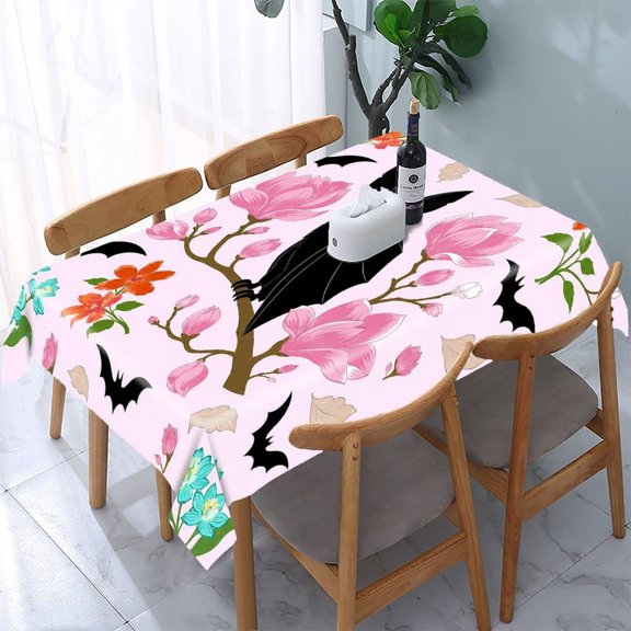 GooTPa Gothic Bat Magnolia Branch Art Rectangle Dining Tablecloth, Polyester Tablecloths Rectangle Dining Tablecloth, Ideal for Kitchen Picnic Party