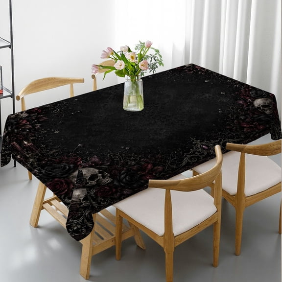 GooTPa  Gothic Skull Rose Candlelight Print Rectangle Tablecloth, Polyester Tablecloths  Holiday-Themed Design, Gothic Skull Rose Candlelight