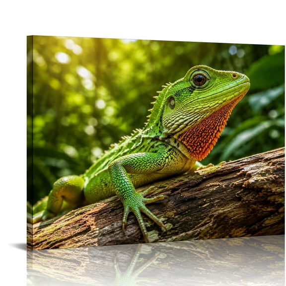 GooTPa Green Iguana Forest Log Wall Art Canvas Print, Ready to Hang, Bathroom Wall Art Bathroom Bedroom Kitchen Hallway Wall Decor Prints