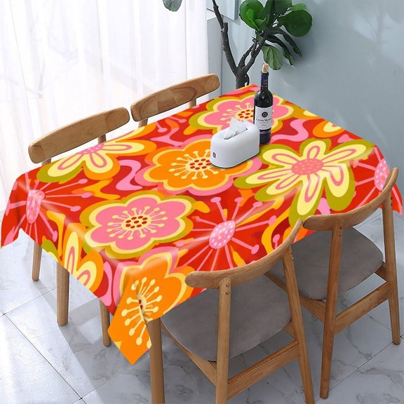 GooTPa Groovy Floral Red Background Pattern Rectangle Dining Tablecloth, Polyester Tablecloths Rectangle Dining Tablecloth, Ideal for Kitchen Picnic Party