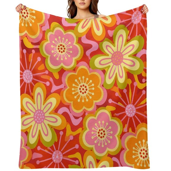 GooTPa Groovy Floral Red Background Pattern Soft Flannel Throw Blanket, Lightweight Fuzzy Warm Cozy Blanket for Couch Bed Home Travel Decor