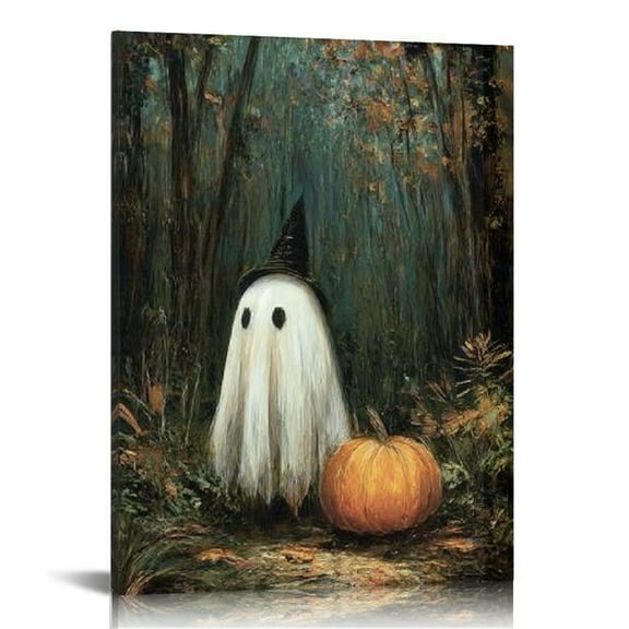 GooTPa Halloween Canvas Wall Art, Cute Ghost Pumpkin Canvas Prints Wall Art for Living Room Bathroom Bedroom Office, Art Print Painting for Home Decorations - 12x16in