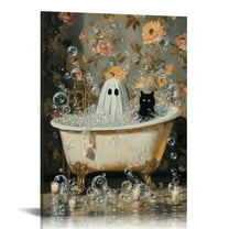GooTPa Halloween Canvas Wall Art, Ghost and Black Cat in Bathtub Bathroom Canvas Prints Wall Art for Living Room Bathroom Bedroom Office, Art Print Painting for Home Decorations - 12x16in