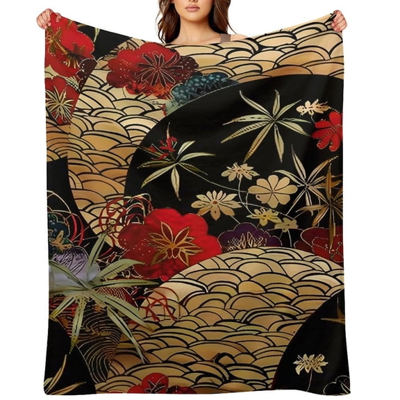 GooTPa Japanese Pattern Flowers Gold Soft Flannel Throw Blanket, Lightweight Fuzzy Warm Cozy Blanket for Couch Bed Home Travel Decor